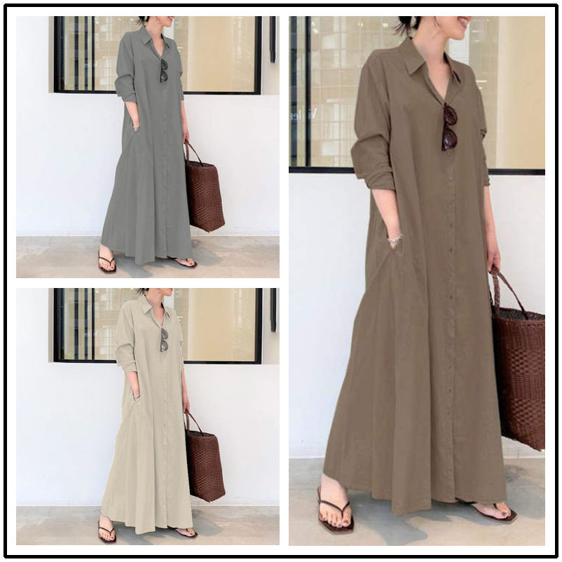 Cotton Linen Solid Color Long Sleeve Plug Pocket Simple Shirt Dress