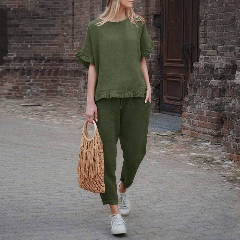 (Two for 25% off)Solid Color Vintage Loose Pants Set Cotton Linen Casual Long Sleeve