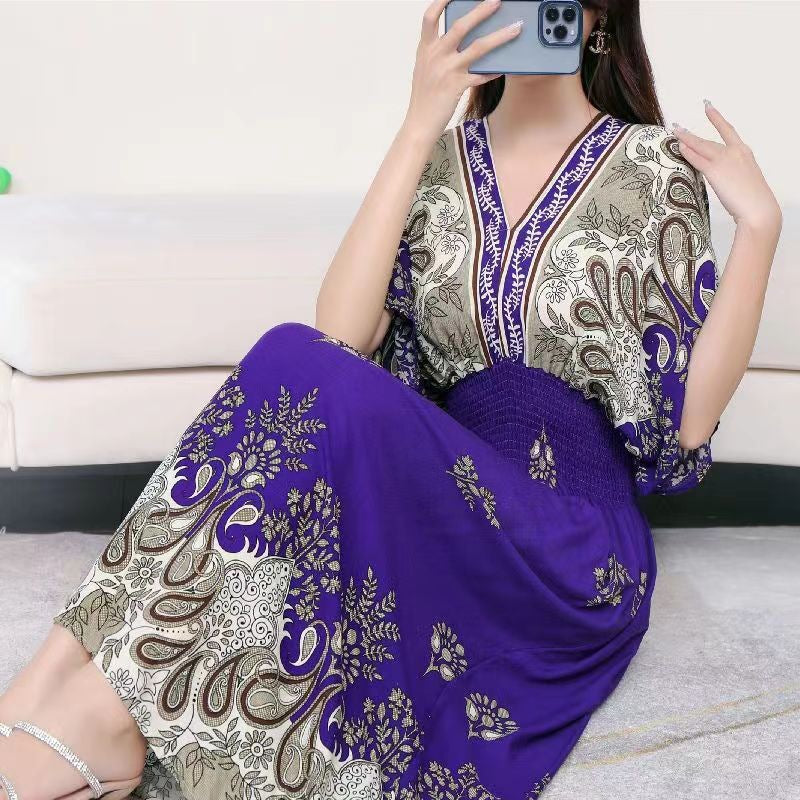 (25% Off Any 2 Pieces) Ethnic Style V-Neck Cotton Silk Short Sleeve Floral Skirt Dress