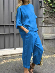 【25% off for 2 pieces】Large size cotton and linen shirt, high waisted loose trousers suit