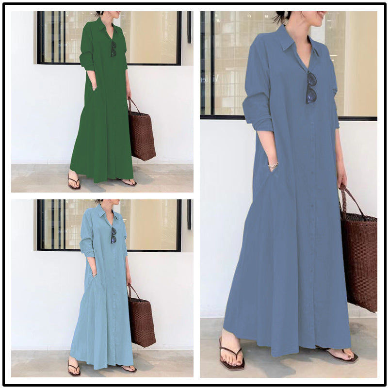 Cotton Linen Solid Color Long Sleeve Plug Pocket Simple Shirt Dress