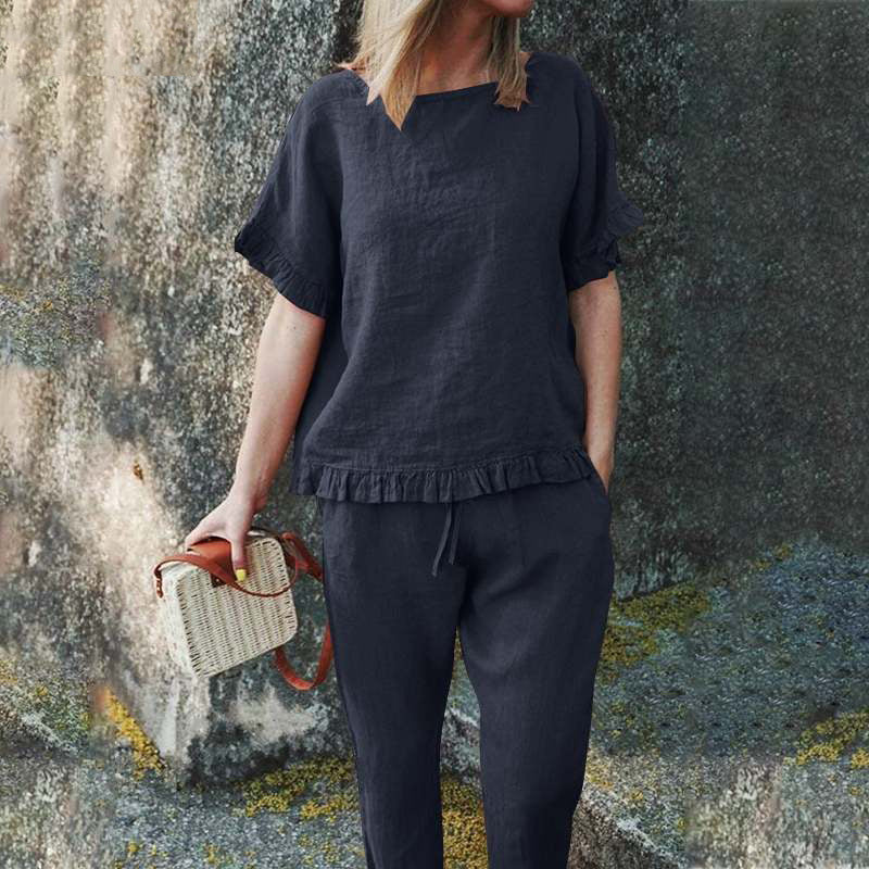 (Two for 25% off)Solid Color Vintage Loose Pants Set Cotton Linen Casual Long Sleeve