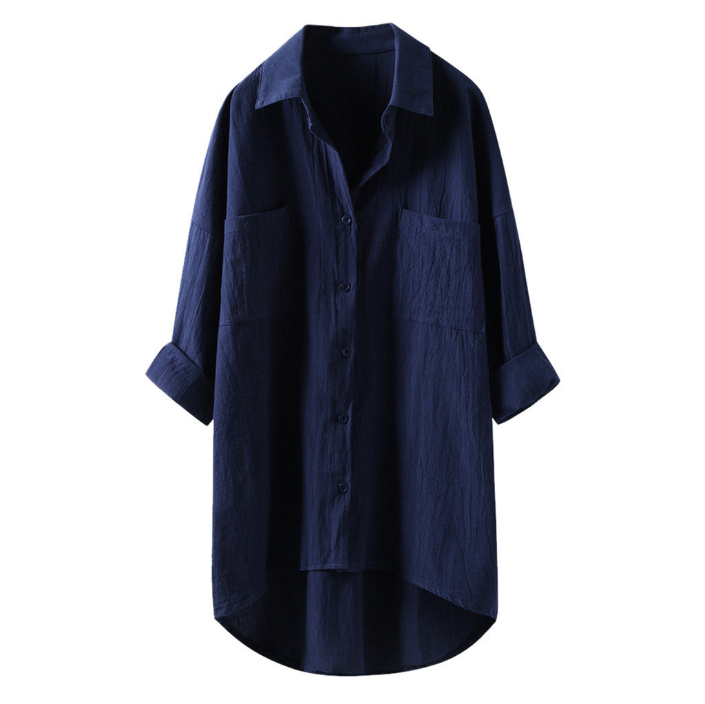 (25% off any two items)New casual solid color cotton and linen cardigan double pocket long sleeve shirt