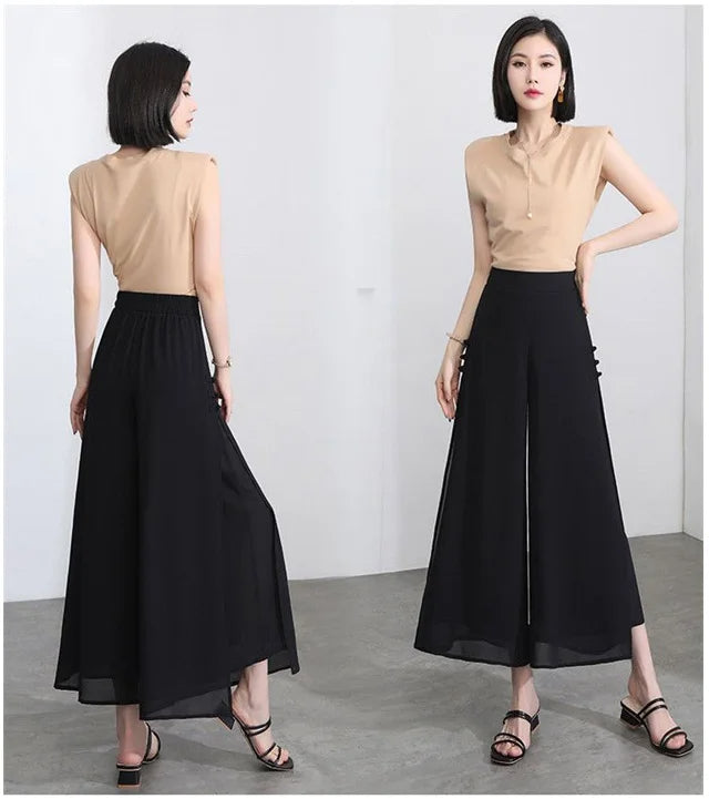 High waist drape chiffon wide-leg pants