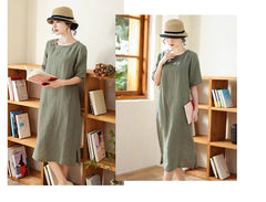 🔥🔥25% Off Any Two Items In The Store🔥🔥Summer new round neck cotton and linen dress cotton temperament solid color long skirt