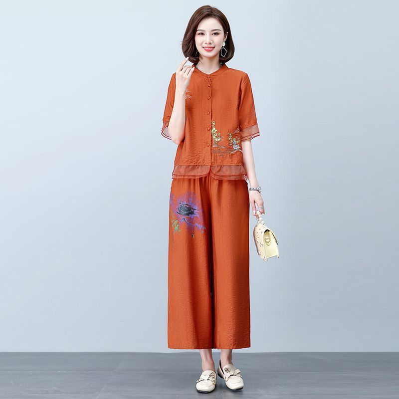 (Any two pieces 25% off) summer cotton and linen cardigan wrinkle summer two-piece loose plus size casual suit