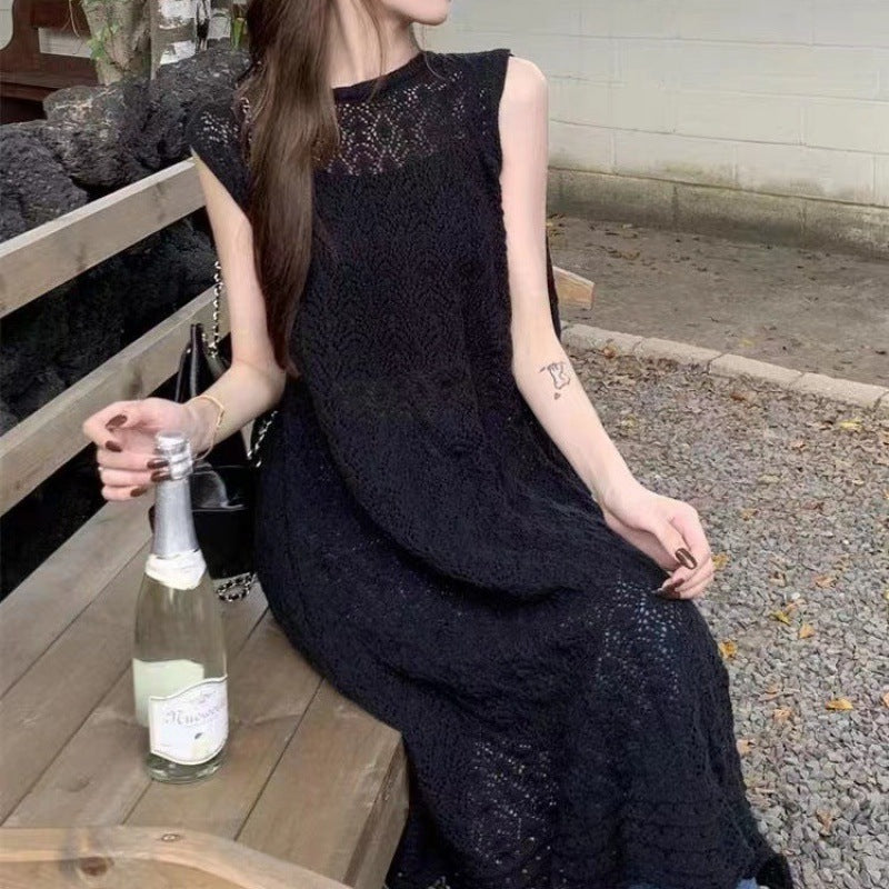 (25% off any 2 pieces)2024 Summer new design small multilayered smocked hollowed knit bottom dress dress