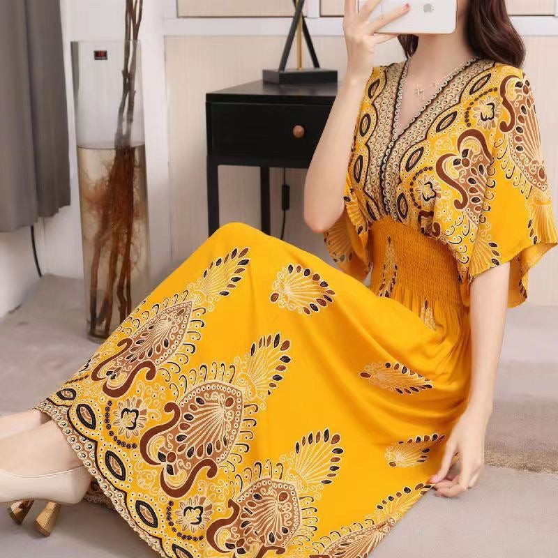 (25% Off Any 2 Pieces) Ethnic Style V-Neck Cotton Silk Short Sleeve Floral Skirt Dress