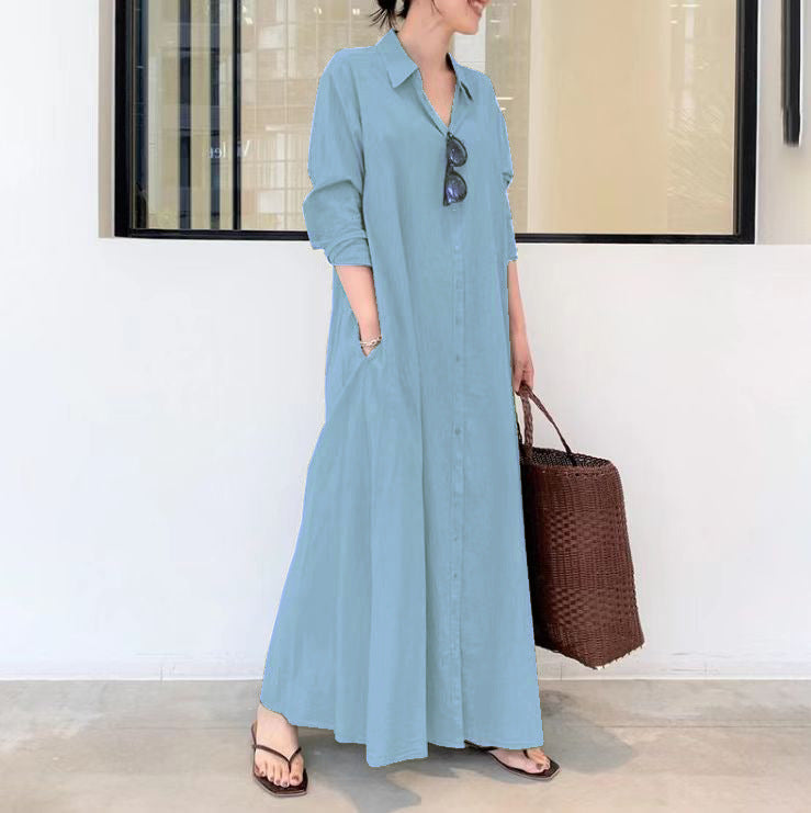 Cotton Linen Solid Color Long Sleeve Plug Pocket Simple Shirt Dress