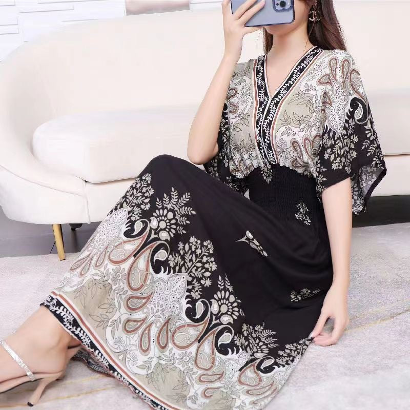 (25% Off Any 2 Pieces) Ethnic Style V-Neck Cotton Silk Short Sleeve Floral Skirt Dress