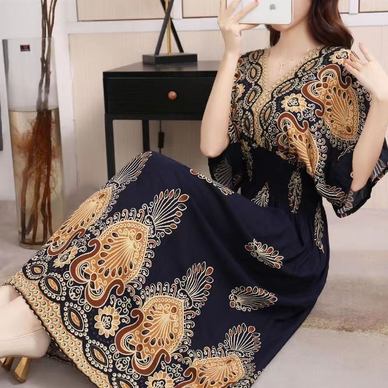 (25% Off Any 2 Pieces) Ethnic Style V-Neck Cotton Silk Short Sleeve Floral Skirt Dress