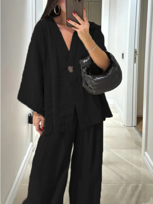 2025 Loose Women's V-Neck Top and Wide Leg Pants Casual Set