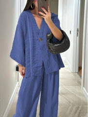 2025 Loose Women's V-Neck Top and Wide Leg Pants Casual Set
