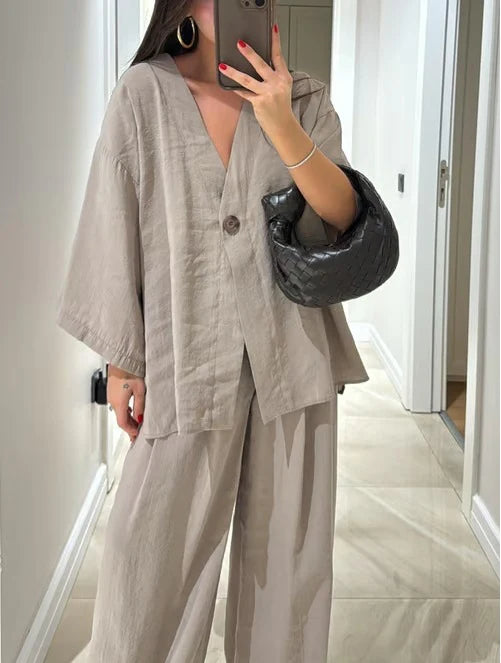 2025 Loose Women's V-Neck Top and Wide Leg Pants Casual Set
