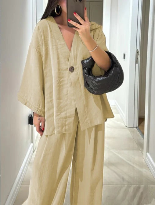 2025 Loose Women's V-Neck Top and Wide Leg Pants Casual Set