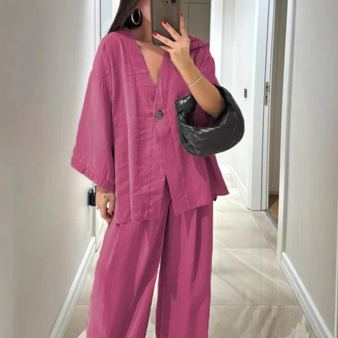 2025 Loose Women's V-Neck Top and Wide Leg Pants Casual Set