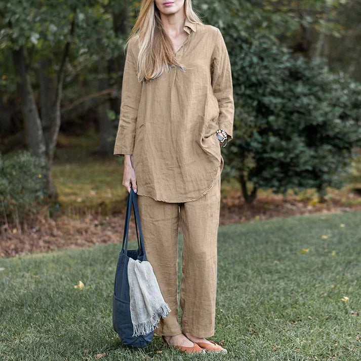Loose Lapel Long Sleeve Shirt Wide Leg Pants Solid Colour Elegant Casual Suit