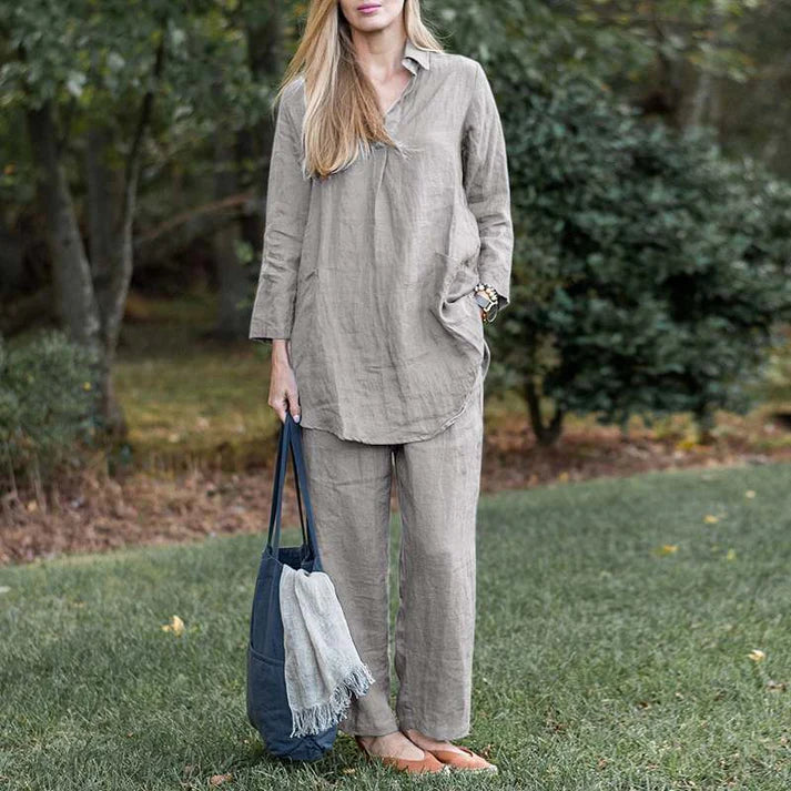 Loose Lapel Long Sleeve Shirt Wide Leg Pants Solid Colour Elegant Casual Suit