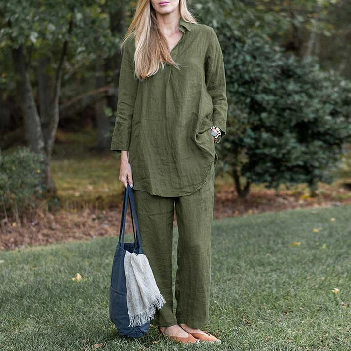 Loose Lapel Long Sleeve Shirt Wide Leg Pants Solid Colour Elegant Casual Suit