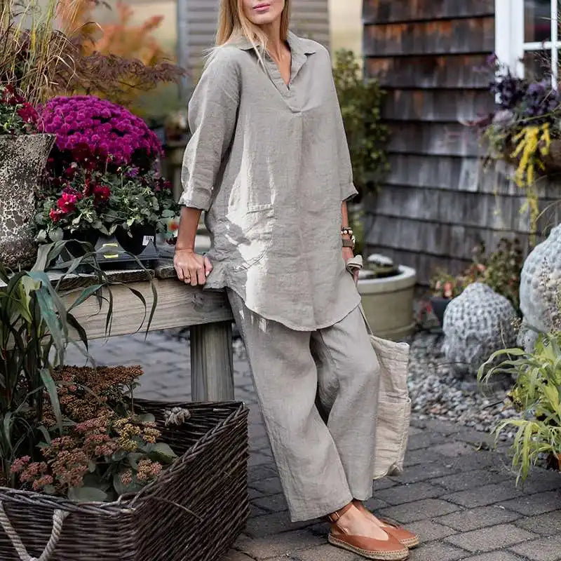 Loose Lapel Long Sleeve Shirt Wide Leg Pants Solid Colour Elegant Casual Suit