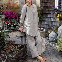 Loose Lapel Long Sleeve Shirt Wide Leg Pants Solid Colour Elegant Casual Suit