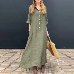Pocket Shirt Neck Cotton Linen Blend Plus Size Dress