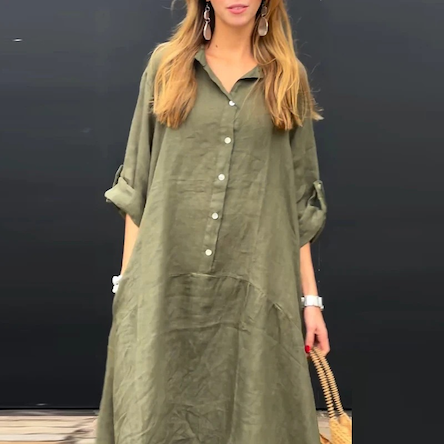 Pocket Shirt Neck Cotton Linen Blend Plus Size Dress