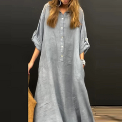Pocket Shirt Neck Cotton Linen Blend Plus Size Dress
