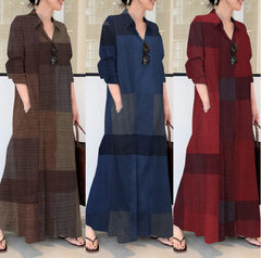 Cotton and linen dark check print lapel long sleeve pocket long shirt dress