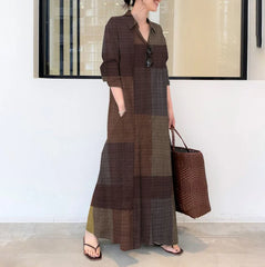 Cotton and linen dark check print lapel long sleeve pocket long shirt dress