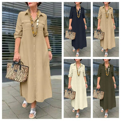 2025 Women's New Elegant Solid Color Long Sleeve Buttoned Lapel Large Size Dresses