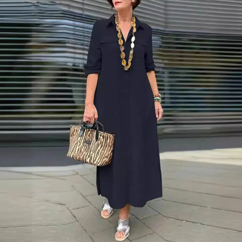 2025 Women's New Elegant Solid Color Long Sleeve Buttoned Lapel Large Size Dresses