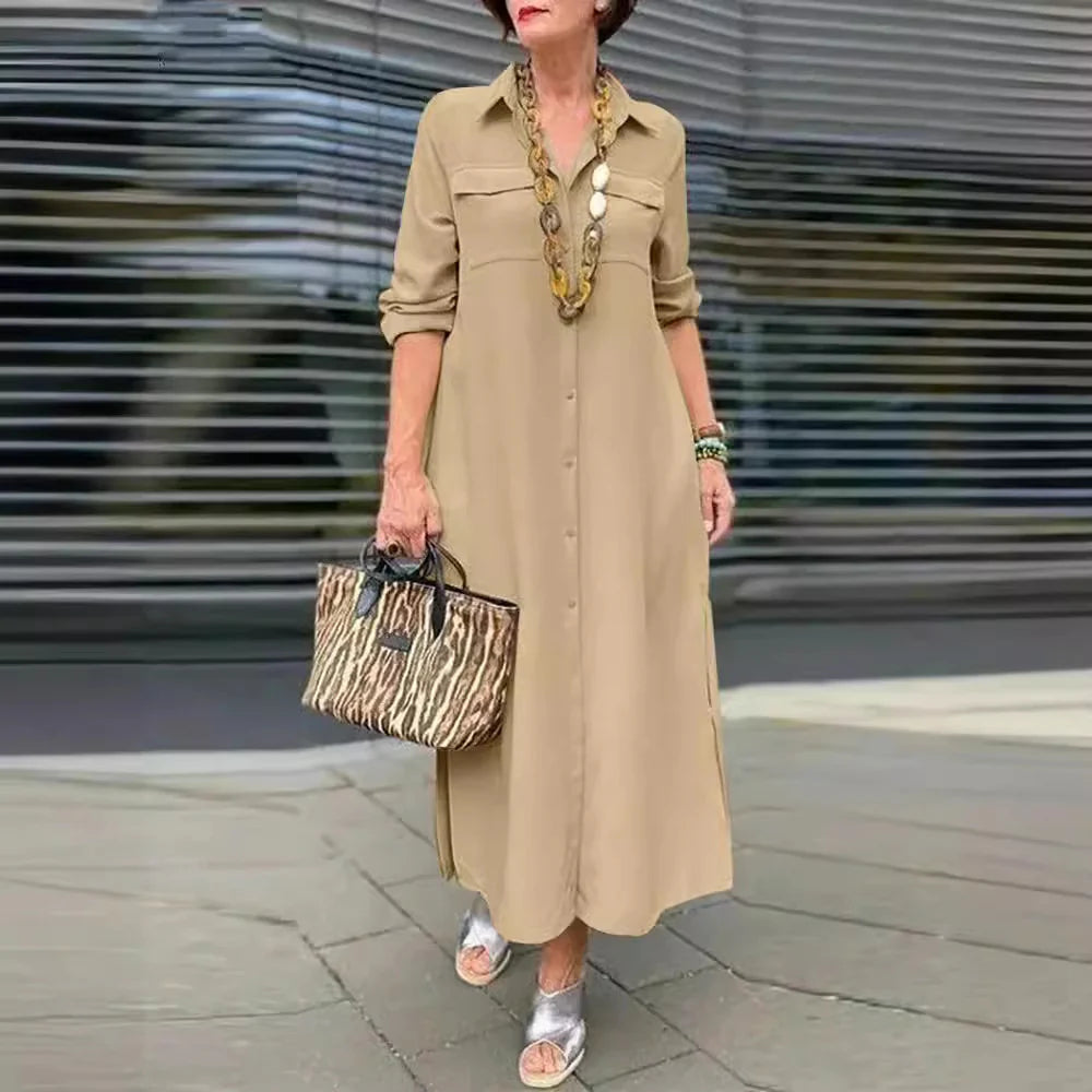 2025 Women's New Elegant Solid Color Long Sleeve Buttoned Lapel Large Size Dresses