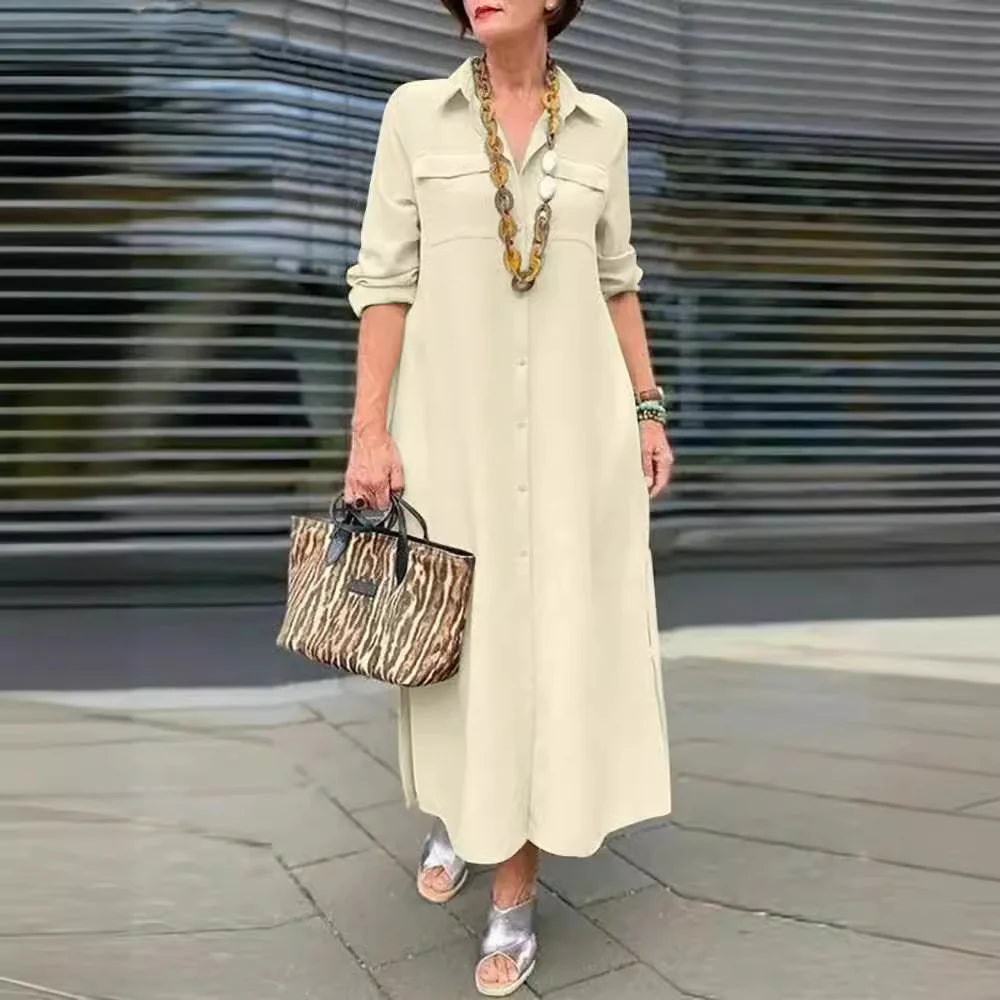 2025 Women's New Elegant Solid Color Long Sleeve Buttoned Lapel Large Size Dresses