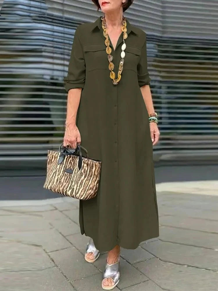 2025 Women's New Elegant Solid Color Long Sleeve Buttoned Lapel Large Size Dresses