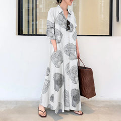 Cotton Linen Printed Long Sleeve Simple Loose Casual Long Shirt Dresses