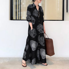 Cotton Linen Printed Long Sleeve Simple Loose Casual Long Shirt Dresses