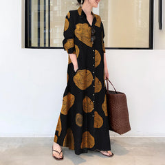 Cotton Linen Printed Long Sleeve Simple Loose Casual Long Shirt Dresses