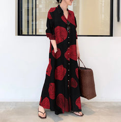 Cotton Linen Printed Long Sleeve Simple Loose Casual Long Shirt Dresses