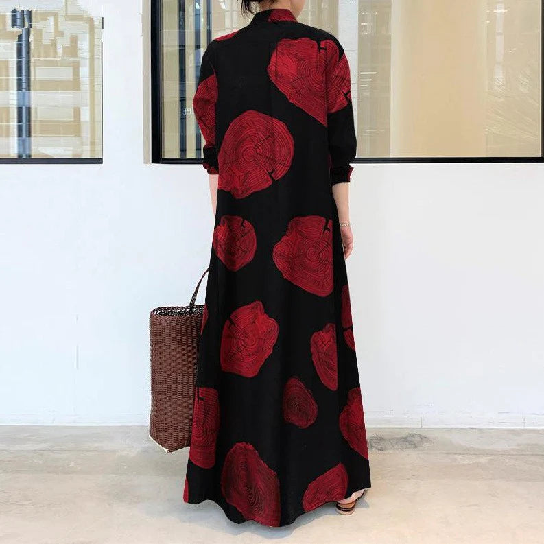 Cotton Linen Printed Long Sleeve Simple Loose Casual Long Shirt Dresses