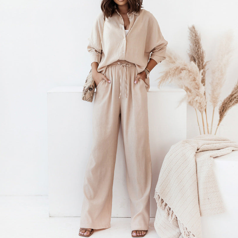 【25% off for 2 pieces】Casual and simple solid color half open collar shirt and high waist trousers suit