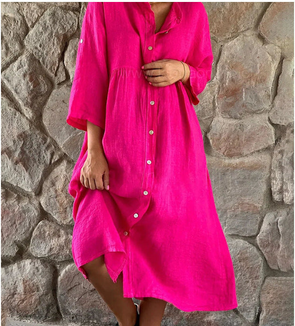 【2 pieces 25% off】New cotton and linen solid color casual button long dress