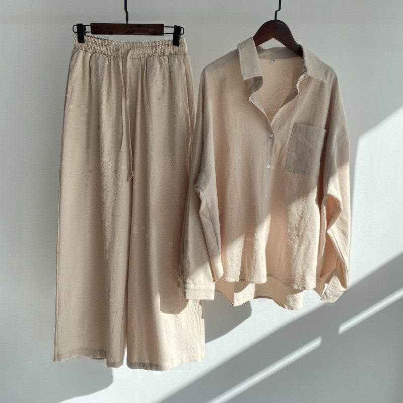 【25% Off Any 2 Pieces】Solid color cotton and linen shirt high waist loose trousers suit