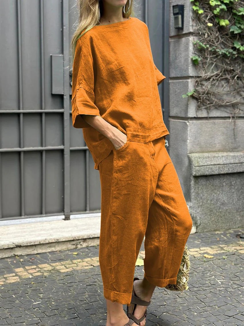 【25% off for 2 pieces】Large size cotton and linen shirt, high waisted loose trousers suit