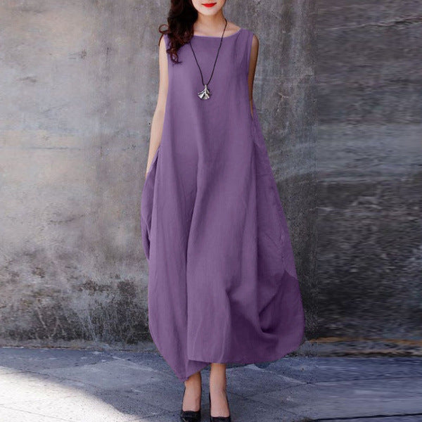 (25% off any two pieces) 2024 Summer Cotton Linen Loose Casual Solid Color Round Neck Pocket Dress Women