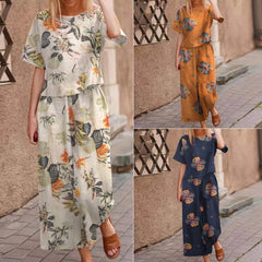 Cotton and linen floral short-sleeved casual nine-quarter pants suit