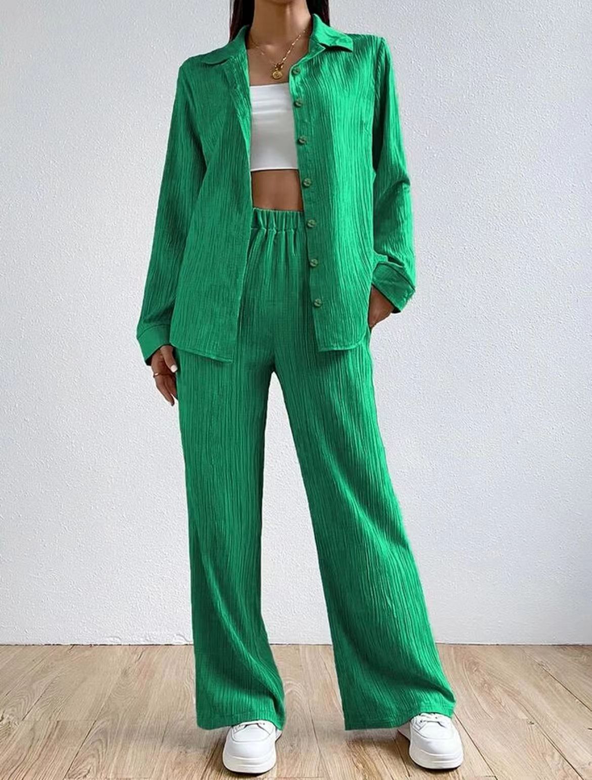 【2 Pieces 75% Off】 Lapel Long Sleeve Shirt High Waist Drawstring Pants Suit