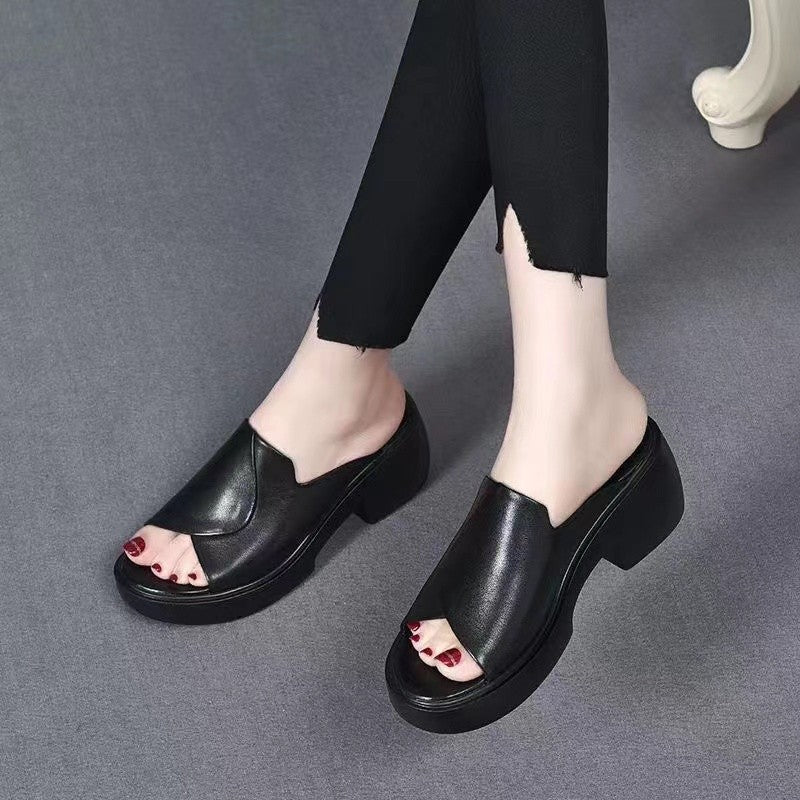 Fashionable genuine leather solid color heightening sandals