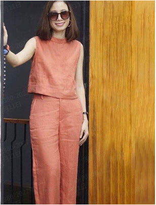 Female Solid Color Sleeveless Casual Cotton Linen Suit