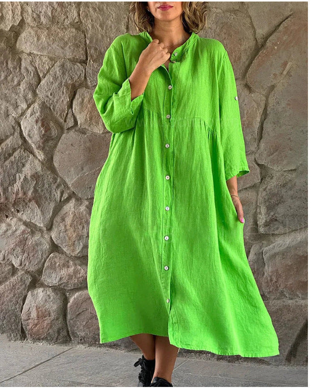 【2 pieces 25% off】New cotton and linen solid color casual button long dress